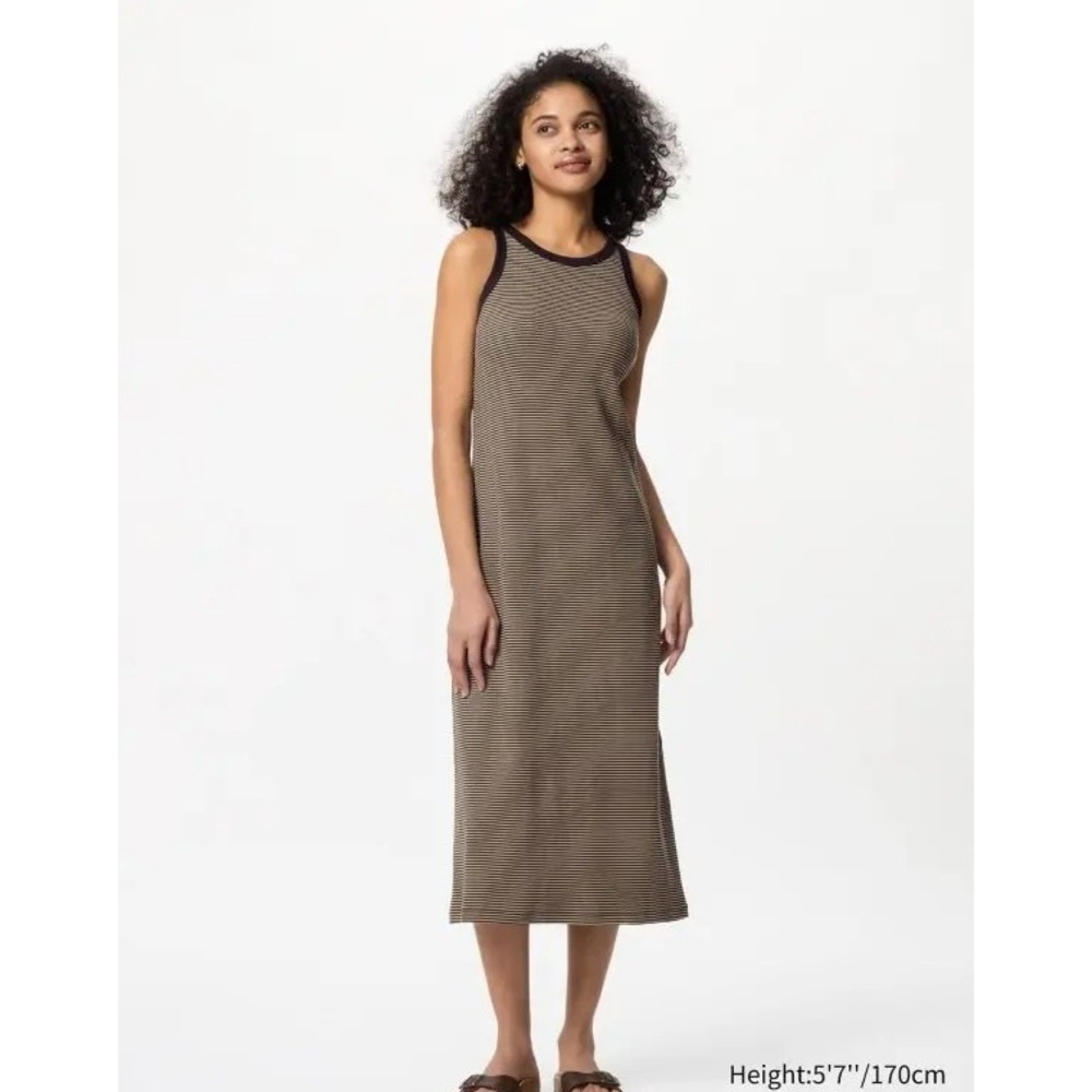 Uniqlo Ribbed Built in Bra Sleeveless Dress Brown Black Striped Midi Racerback M